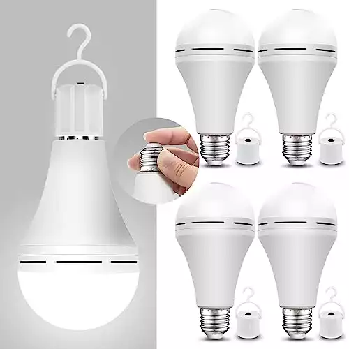 Neporal 4 Pack Emergency-Rechargeable-Light-Bulb, Stay Lights Up When Power Failure, 1200mAh 15W 80W Equivalent LED Light Bulbs for Home, Camping, Tent (E27, with Hook) (Daylight)