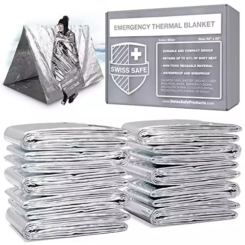 Swiss Safe Emergency Mylar Thermal Blankets + Bonus Space Blanket - Compact & Insulated for Cold Weather - Designed for NASA, Outdoor Camping, Survival, First Aid Car Kit - Silver, 10 Pack